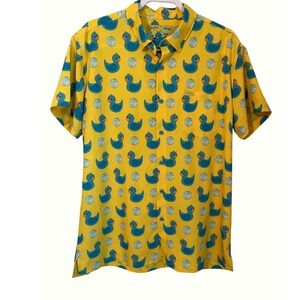 Retro Rifle Killer Duck Mens XL Yellow Blue Button Down Short Sleeve Shirt